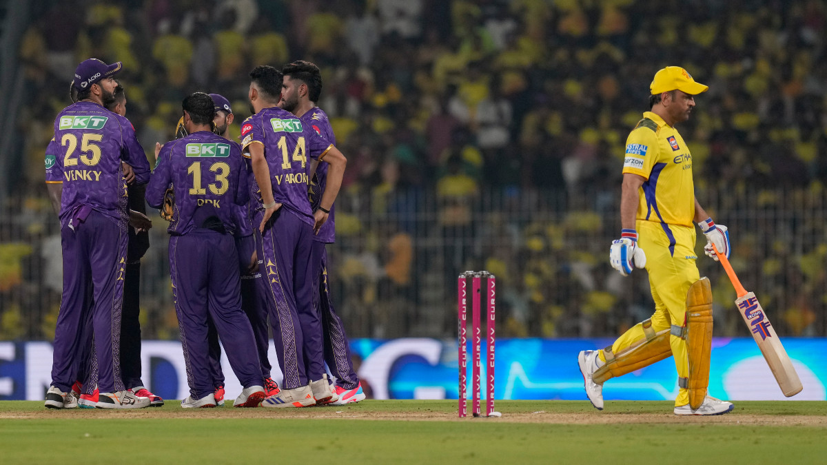 Kolkata Knight Riders players celebrate after Chennai Super Kings captain MS Dhoni is dismissed by spin-bowling all-rounder Sunil Narine. PTI Kolkata Knight Riders players celebrate after Chennai Super Kings captain MS Dhoni is dismissed by spin-bowling all-rounder Sunil Narine. PTI