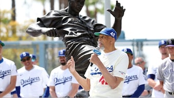 Kareem Abdul-Jabbar speaks during a ceremony honoring Jackie Robinson before the game between the Los Angeles Dodgers and the Colorado Rockies. Image: AFP