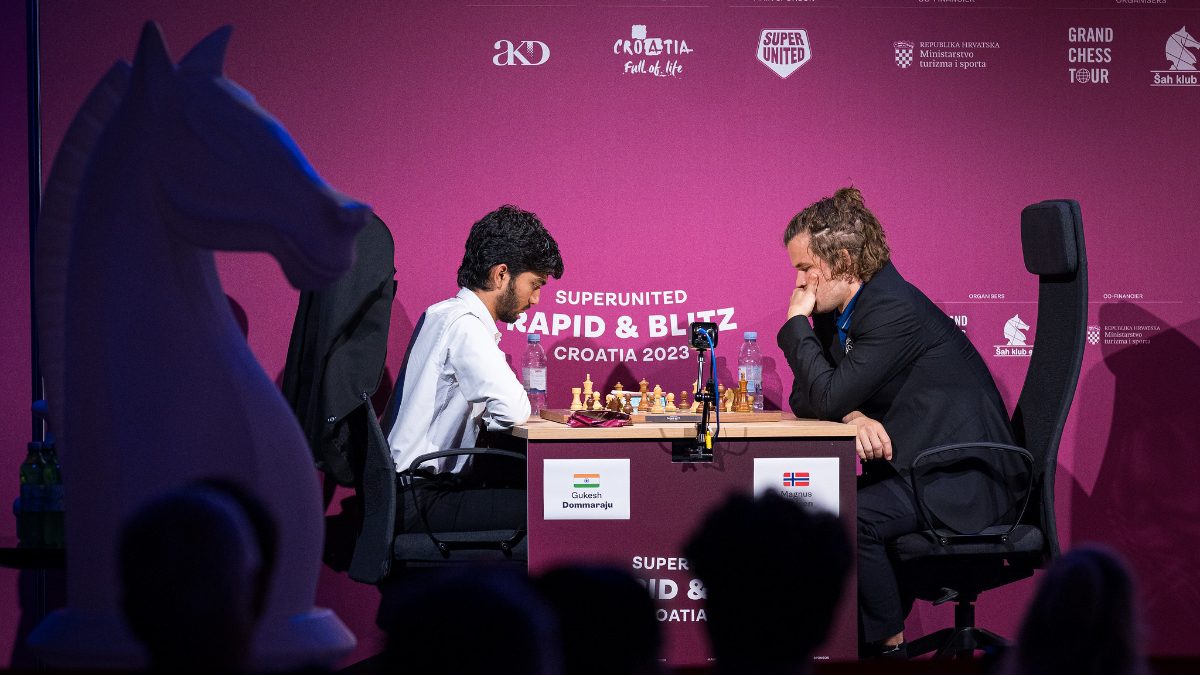 D Gukesh finished winless at first leg of Freestyle Chess Tour which co-owned by Magnus Carlsen. Image: @GrandChessTour on X D Gukesh finished winless at first leg of Freestyle Chess Tour which co-owned by Magnus Carlsen. Image: @GrandChessTour on X