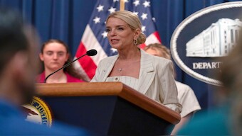 Attorney General Pam Bondi speaks during a news conference at the Department of Justice headquarters in Washington, on Wednesday. AP 