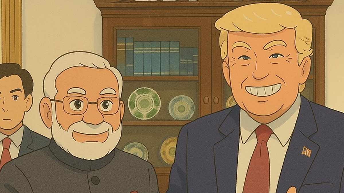 Prime Minister Narendra Modi and President Donald Trump in an anime-style rendition set in a Studio Ghibli-inspired universe. Image courtesy @mygovindia Prime Minister Narendra Modi and President Donald Trump in an anime-style rendition set in a Studio Ghibli-inspired universe. Image courtesy @mygovindia