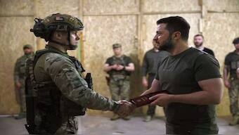 This undated photo shows Capt. Oleh Shyriaiev, the commander of the Ukraine’s 225th Separate Assault Regiment, with Ukrainian President Volodymyr Zelenskyy at an undisclosed location.
Image Courtesy: 225th Separate Assault Regiment Press Office