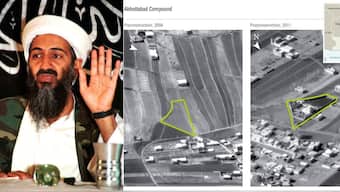Left - File Image of Osama Bin Laden, May 26, 1998 (Reuters); Right - Aerial views, released by the United State Department of Defense on May 2, 2011, shows before (L) and after (R) views of the compound that Osama bin Laden was killed in, in Abbottabad, Pakistan.