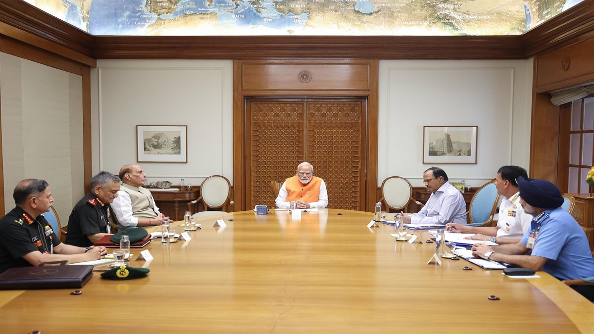 Prime Minister Narendra Modi chairs meeting with Defence Minister Rajnath Singh, NSA Ajit Doval CDS Gen Anil Chauhan, and all armed forces chiefs. ANI Prime Minister Narendra Modi chairs meeting with Defence Minister Rajnath Singh, NSA Ajit Doval CDS Gen Anil Chauhan, and all armed forces chiefs. ANI