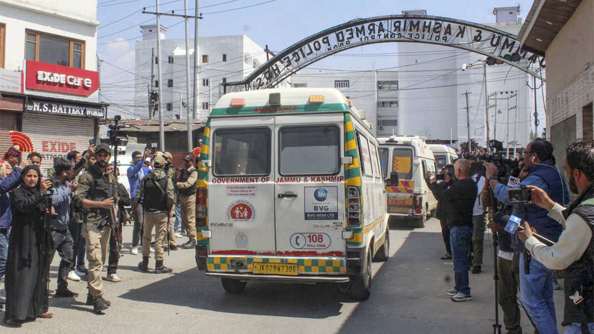 Ambulances carrying mortal remains of the people who were killed in the Pahalgam terror attack leave as they are being shifted to the native states of the victims, in Srinagar on April 23, 2025. PTI Ambulances carrying mortal remains of the people who were killed in the Pahalgam terror attack leave as they are being shifted to the native states of the victims, in Srinagar on April 23, 2025. PTI