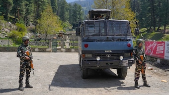 Security personnel stand guard a day after a terrorist attack in Pahalgam, Jammu and Kashmir on April 23, 2025. PTI