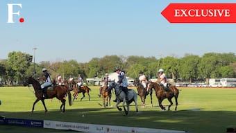 Polo players and their ponies from the Achievers and Jindal teams can be seen playing the final of the Aditya Birla Memorial Polo Cup at the Jaipur Polo Ground in New Delhi, March 30, 2025. Firstpost/Anmol Singla