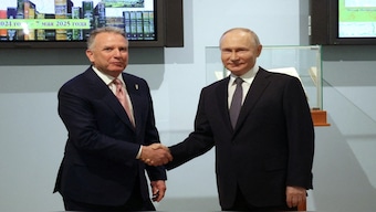 Russian President Vladimir Putin shakes hands with US President Donald Trump's special envoy Steve Witkoff during a meeting in Saint Petersburg, Russia, on Friday. Reuters 