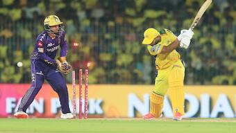 Chennai Super Kings batter Rahul Tripathi gets cleaned up by Kolkata Knight Riders spin-bowling all-rounder Sunil Narine, departing for 16 off 22 deliveries. AP