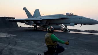 A fighter plane takes off, said to be, for an operation against the Yemen's Houthis at an unidentified location in this screengrab taken from a handout video released on March 18, 2025. US CENTCOM via X/Handout via REUTERS