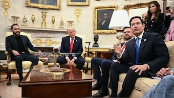 US Secretary of State Marco Rubio (R) speaks during a meeting with US President Donald Trump and El Salvador's President Nayib Bukele in the Oval Office of the White House in Washington, DC, April 14, 2025. AFP Photo