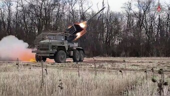 In this photo taken from video distributed by Russian Defense Ministry Press Service on Friday, April 18, 2025, the Russian BM-21 "Grad" self-propelled 122 mm multiple rocket launcher fires towards Ukrainian positions in Ukraine. (Russian Defense Ministry Press Service via AP)