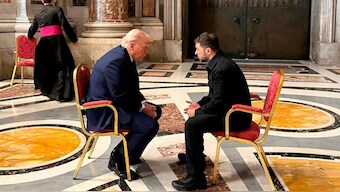 In this photo provided by the Ukrainian Presidential Press Office, Ukraine's President Volodymyr Zelenskyy, right, and President Donald Trump, talk as they attend the funeral of Pope Francis in Vatican, Saturday, April 26, 2025.(Ukrainian Presidential Press Office via AP)