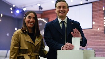 Conservative Leader Pierre Poilievre and his wife Anaida Poilievre cast their votes in the federal election in Ottawa, Ontario Canada, on April 28, 2025. AFP Photo