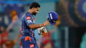 Lucknow Super Giants captain Rishabh Pant walks back to the dugout after getting dismissed for 2 by Punjab Kings all-rounder Glenn Maxwell. Image credit: BCCI