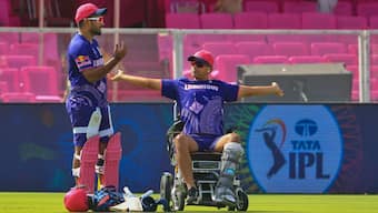 Rajasthan Royals captain Sanju Samson with head coach Rahul Dravid at a training session at Jaipur's Sawai Man Singh Stadium ahead of their match against Lucknow Super Giants. PTI