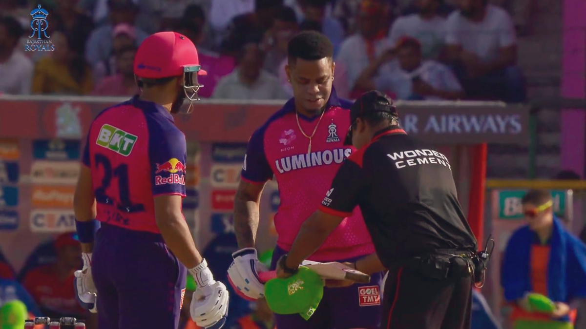 Shimron Hetmyer gets his bat inspected by the umpire during Rajasthan Royals' match against Royal Challengers Bengaluru. Image credit: X Shimron Hetmyer gets his bat inspected by the umpire during Rajasthan Royals' match against Royal Challengers Bengaluru. Image credit: X