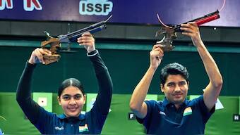 Suruchi Inder Singh and Saurabh Chaudhary celebrate after winning the 10m air pistol mixed team gold medal in the ISSF World Cup. Image: ISSF Official on X