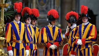 Members of the Swiss Guard stand at Saint Peter's Basilica, on the day of the translation of Pope Francis' coffin, which will be transported inside the Basilica, at the Vatican, April 23, 2025. File Image/Reuters