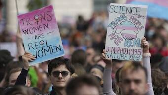 Trans rights activists protest in London after UK Supreme Court ruled on a trans-exclusionary definition of a woman. AP