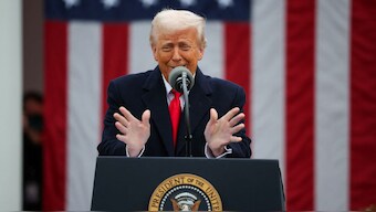 US President Donald Trump gestures as he delivers remarks on tariffs in the Rose Garden at the White House in Washington, DC, US, April 2, 2025. File Image/Reuters