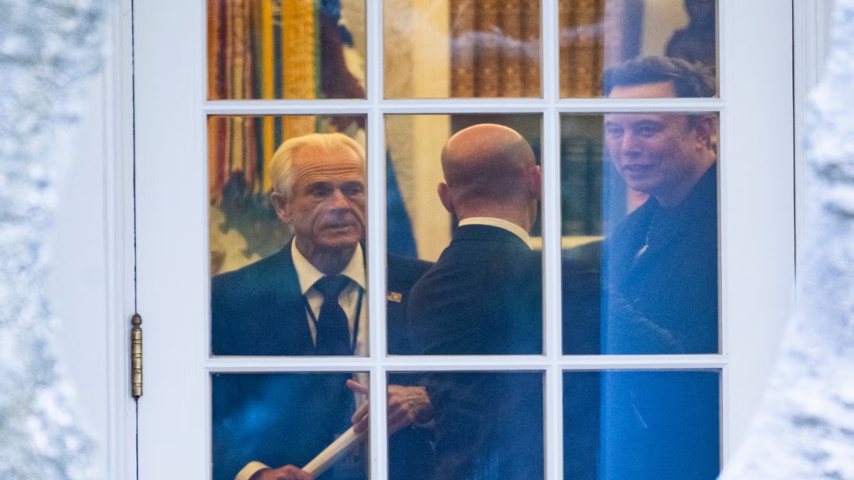 Peter Navarro with Musk and Stephen Miller in the White House last month. AFP Peter Navarro with Musk and Stephen Miller in the White House last month. AFP