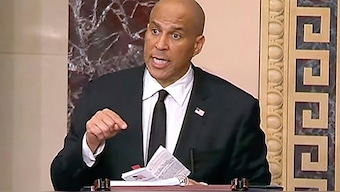 In this image provided by Senate Television, Sen, Cory Booker, speaks on the Senate floor, Tuesday morning, April 1, 2025. AP