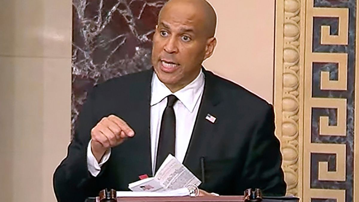 In this image provided by Senate Television, Sen, Cory Booker, speaks on the Senate floor, Tuesday morning, April 1, 2025. AP In this image provided by Senate Television, Sen, Cory Booker, speaks on the Senate floor, Tuesday morning, April 1, 2025. AP