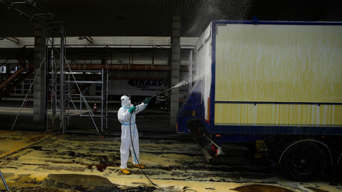 A firefighter sprays a truck with disinfectant to try to prevent the spread of a the highly infectious foot-and-mouth disease from Slovakia at the border in Lanzhot, Czech Republic, Friday, April 11, 2025. AP A firefighter sprays a truck with disinfectant to try to prevent the spread of a the highly infectious foot-and-mouth disease from Slovakia at the border in Lanzhot, Czech Republic, Friday, April 11, 2025. AP