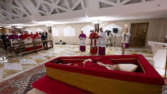 Pope Francis' body is laid out in state inside his private chapel at the Vatican, April 21, 2025. Vatican Media via AP