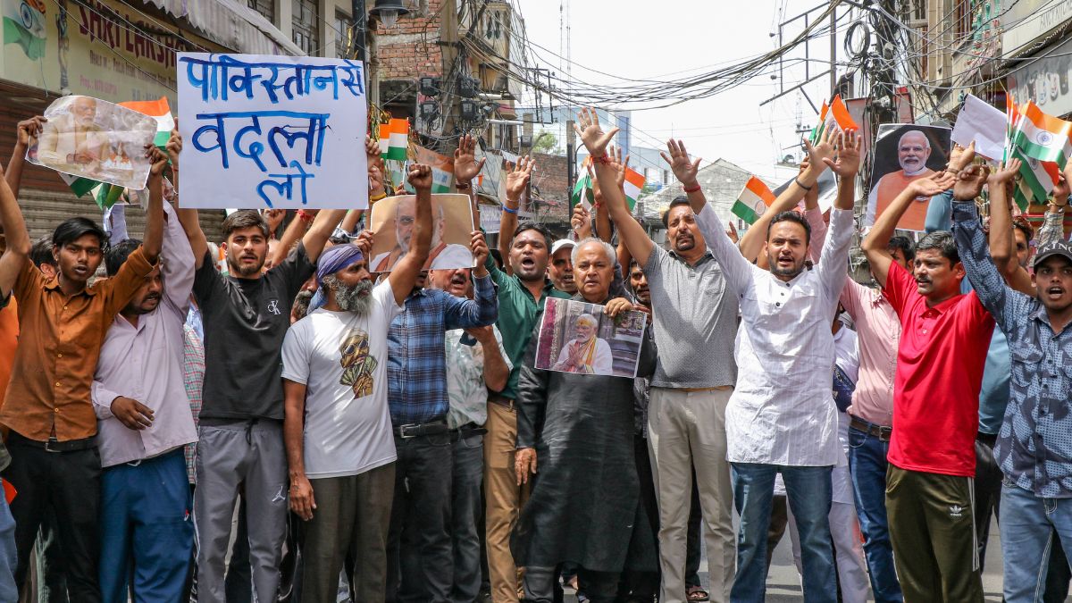 Shiv Sena and Dogra Front members shout slogans during a protest against the Pahalgam terrorist attack, in Jammu, Wednesday, April 23, 2025. PTI Shiv Sena and Dogra Front members shout slogans during a protest against the Pahalgam terrorist attack, in Jammu, Wednesday, April 23, 2025. PTI