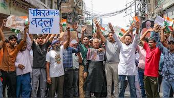 Shiv Sena and Dogra Front members shout slogans during a protest against the Pahalgam terrorist attack, in Jammu, Wednesday, April 23, 2025. PTI