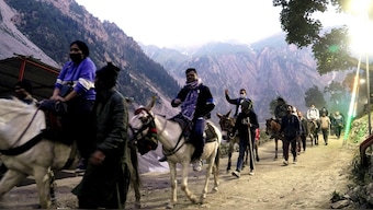 Pilgrims enroute to the holy cave shrine of Amarnath from the Baltal base camp during the annual Amarnath Yatra, in Ganderbal district, June 29, 2024. File Photo/PTI
