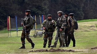 Indian soldiers inspect the site in the aftermath of an attack in Pahalgam. AFP
