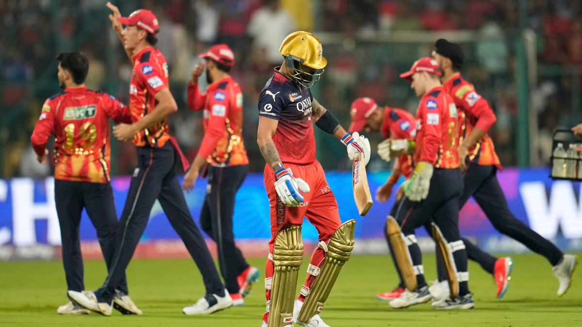 Virat Kohli walks back to the Royal Challengers Bengaluru dugout after getting dismissed by Punjab Kings seamer Arshdeep Singh at the M Chinnaswamy Stadium in Bengaluru. AP Virat Kohli walks back to the Royal Challengers Bengaluru dugout after getting dismissed by Punjab Kings seamer Arshdeep Singh at the M Chinnaswamy Stadium in Bengaluru. AP