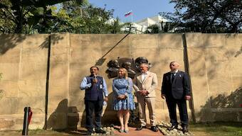 Memorial plaque honouring Yuri Gagarin, other space pioneers from Russia unveiled in Delhi. Source: Russian House