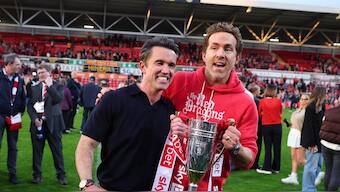 Wrexham owners Rob McElhenney and Ryan Reynolds celebrate promotion to EFL Championship. Image: Reuters
