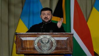 Ukrainian President Volodymyr Zelenskyy addresses a news conference with South Africa's President Cyril Ramaphosa at the Union Buildings in Pretoria, South Africa, on Thursday. AP