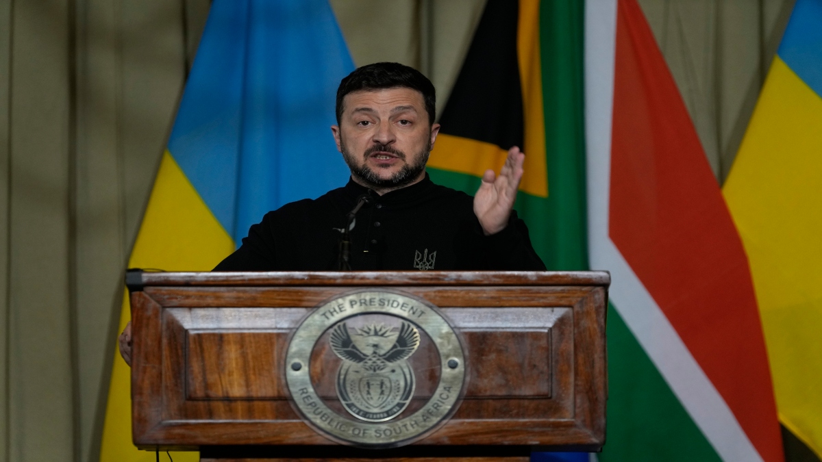 Ukrainian President Volodymyr Zelenskyy addresses a news conference with South Africa's President Cyril Ramaphosa at the Union Buildings in Pretoria, South Africa, on Thursday. AP Ukrainian President Volodymyr Zelenskyy addresses a news conference with South Africa's President Cyril Ramaphosa at the Union Buildings in Pretoria, South Africa, on Thursday. AP