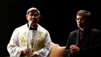 Cardinal Luis Antonio Tagle leads a prayer service at St. Peter's Square at the Vatican, February 25, 2025. He is one of the frontrunners to succeed Francis. File photo/Reuters