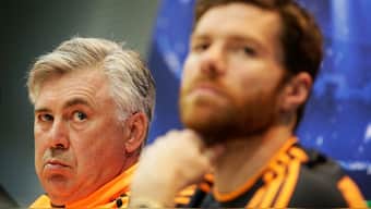 Carlo Ancelotti and Xabi Alonso during a press conference for Real Madrid. Image: Reuters