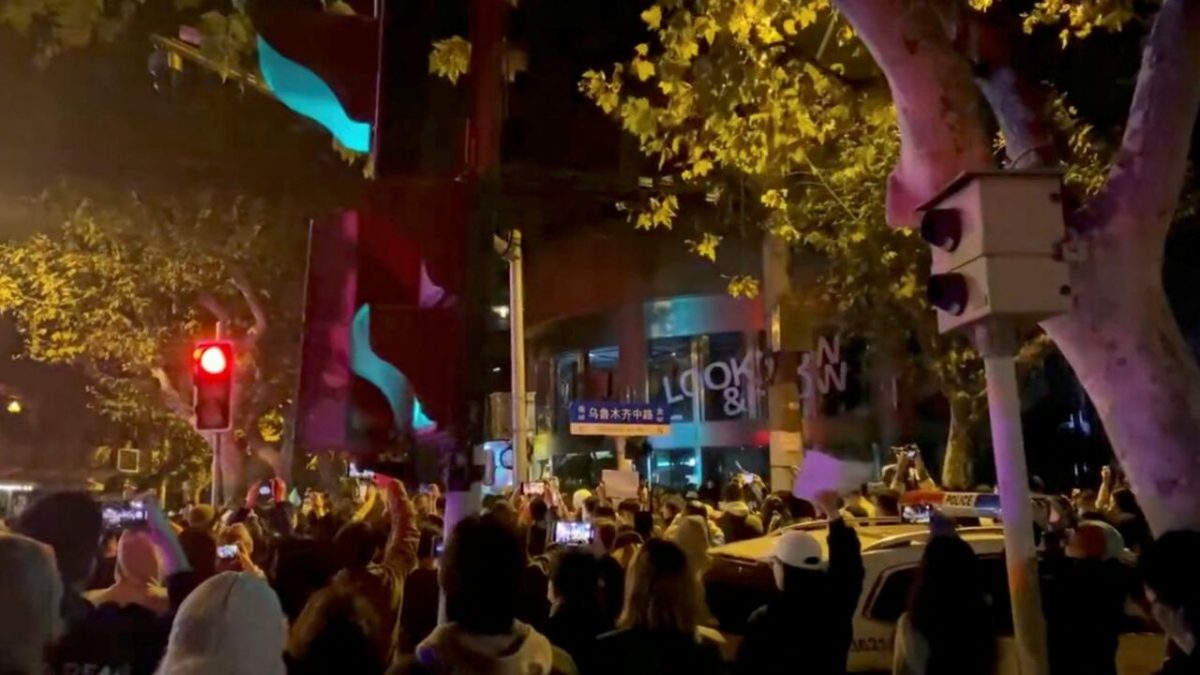 File image. People protest against coronavirus disease (COVID-19) curbs, at the site of a candlelight vigil for victims of the Urumqi fire, in Shanghai, China, in this screengrab from a video realeased on November 27, 2022. Source: Reuters File image. People protest against coronavirus disease (COVID-19) curbs, at the site of a candlelight vigil for victims of the Urumqi fire, in Shanghai, China, in this screengrab from a video realeased on November 27, 2022. Source: Reuters