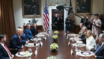 US President Donald Trump meets with Italian Prime Minister Giorgia Meloni in the Cabinet Room of the White House before luncheon, in Washington, DC, on April 17, 2025.  Source: AFP