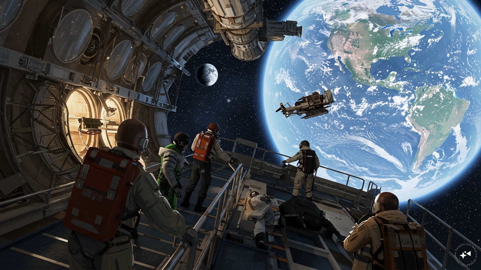 An AI generated image of people travelling to space. Space tourism may become an everyday reality as more companies enter the industry, making space flights more frequent.