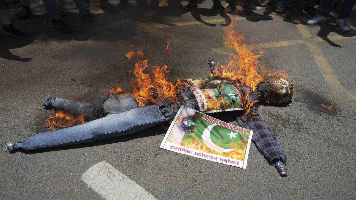 Supporters of Akhil Bharatiya Vidhyarthi Parishad burn an effigy of terrorism during a protest against the killing of tourists by terrorists near Pahalgam in Kashmir, in Ahmedabad, India. AP Supporters of Akhil Bharatiya Vidhyarthi Parishad burn an effigy of terrorism during a protest against the killing of tourists by terrorists near Pahalgam in Kashmir, in Ahmedabad, India. AP