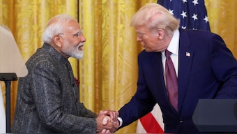 US President Donald Trump and Prime Minister Narendra Modi shake hands as they attend a joint press conference at the White House in Washington, on, February 13. Trump has slapped 25 per cent reciprocal tariffs on India, which is lower compared to China. File photo/Reuters