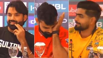 Mohammad Rizwan, Shadab Khan, and Babar Azam during a press conference ahead of PSL 10. Image: X