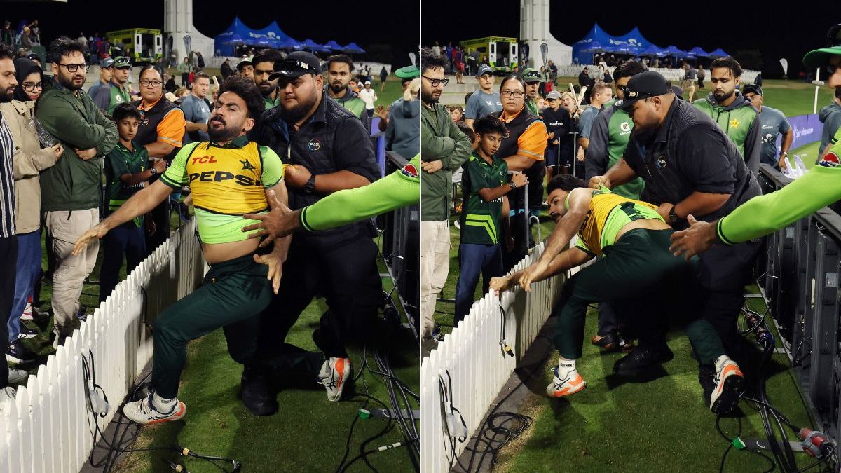 Pakistan player Khushdil Shah trying to attack a fan in New Zealand. Image: AFP Pakistan player Khushdil Shah trying to attack a fan in New Zealand. Image: AFP