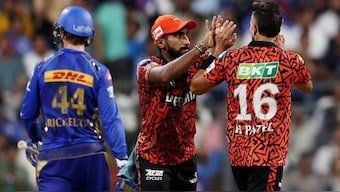 Harshal Patel celebrates after taking the wicket of Ryan Rickelton. Image: Reuters