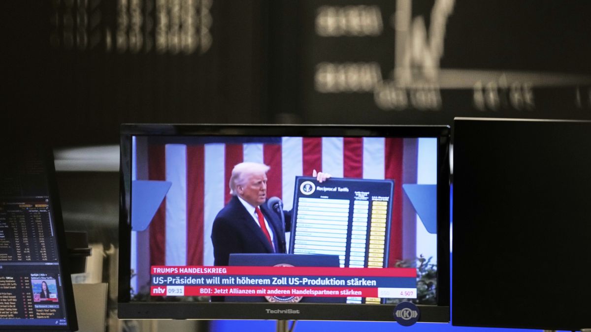 US President Donald Trump appears on a television screen at the stock market in Frankfurt, as he announces tariffs on April 2. The reciprocal tariffs on countries come into effect today (April 9). AP US President Donald Trump appears on a television screen at the stock market in Frankfurt, as he announces tariffs on April 2. The reciprocal tariffs on countries come into effect today (April 9). AP